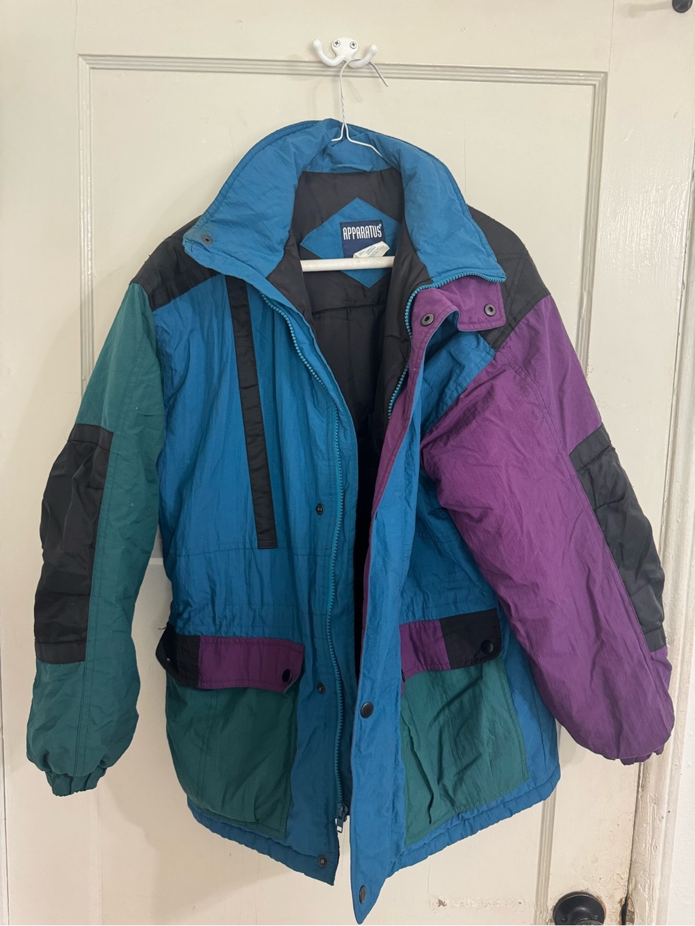 Vintage 90s Colorblock Ski Jacket Puffer Teal Purple Oversized L
